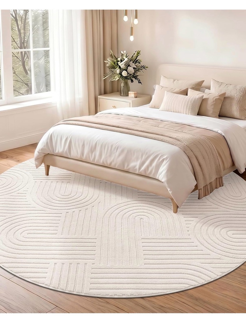 Beige Round Textured Geometric Super Soft Area Rug - Picture 5 of 7